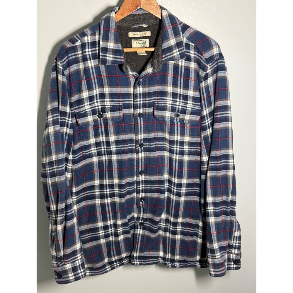 LL Bean Fleece Lined Flannel Shirt Mens Large Blue Plaid Traditional Fit 298189